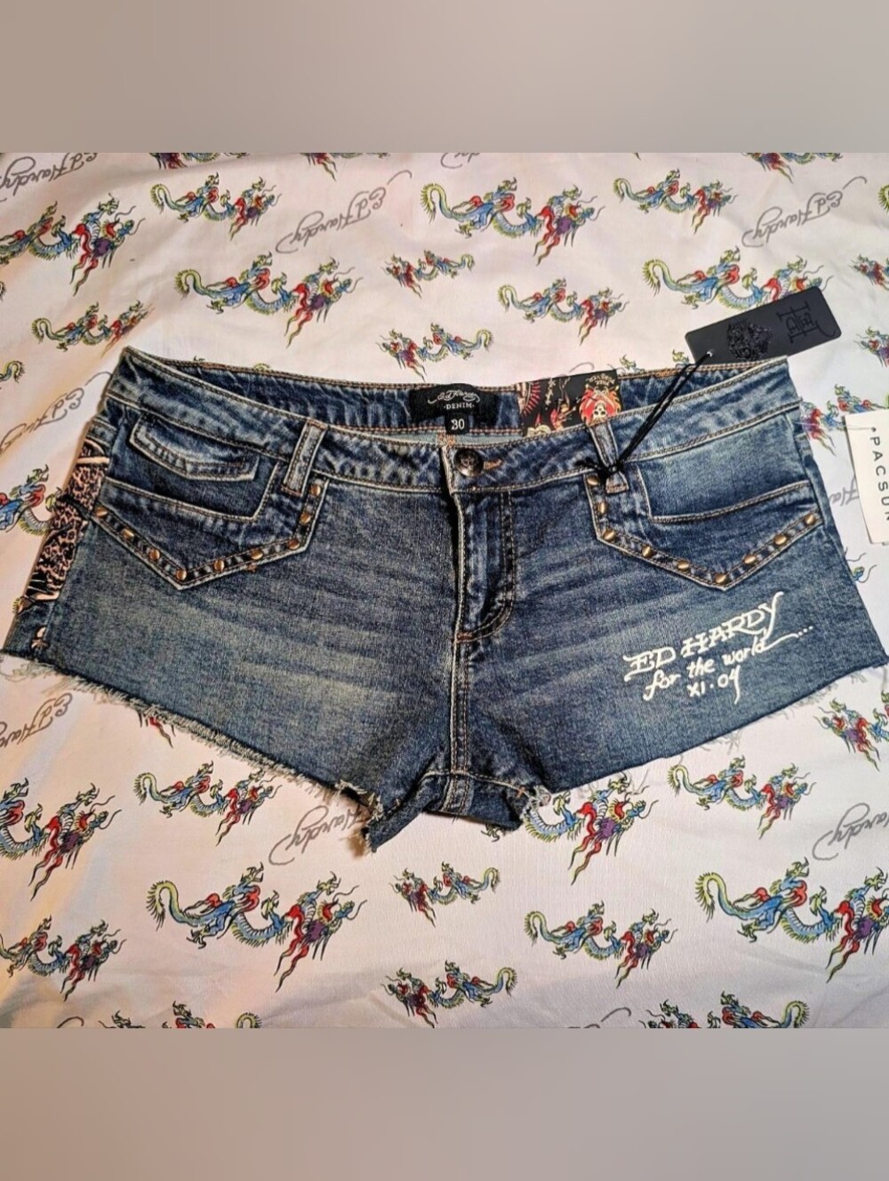 NWT PacSun Ed Hardy Leopard Panther Micro Denim Shorts - Size 30/Woman's 10